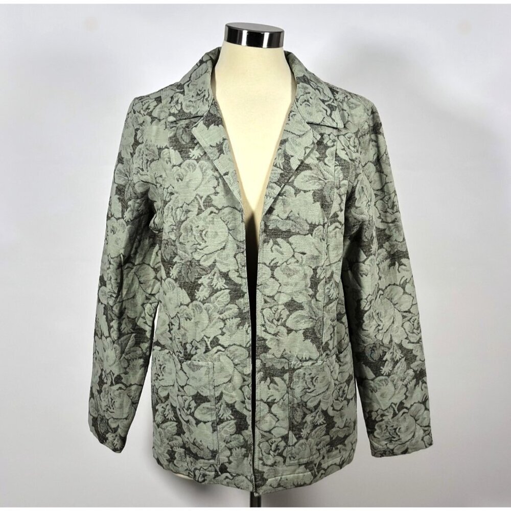 Dialogue Sage Floral Tapestry Linen Open Front Blazer Jacket Lined - Size 12